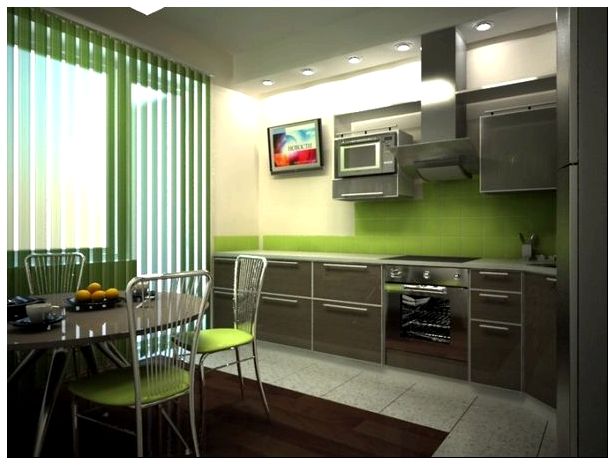 Зелено-серая кухня с телевизором